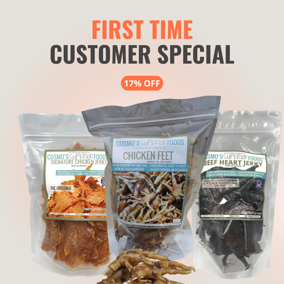Five packages of dog treats in various flavors and designs.