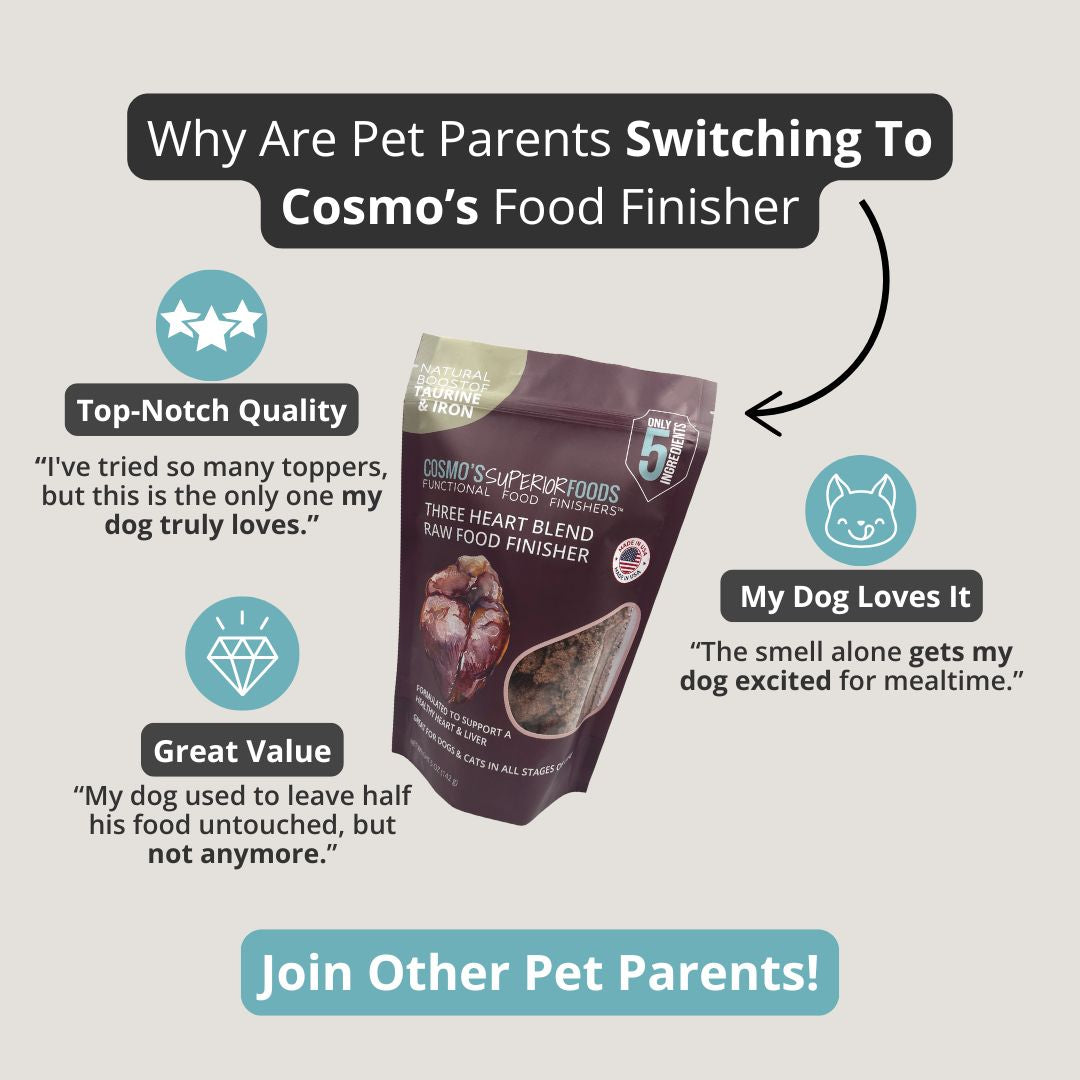 Pet food advertisement highlighting quality and benefits of Cosmo’s Food Finisher.