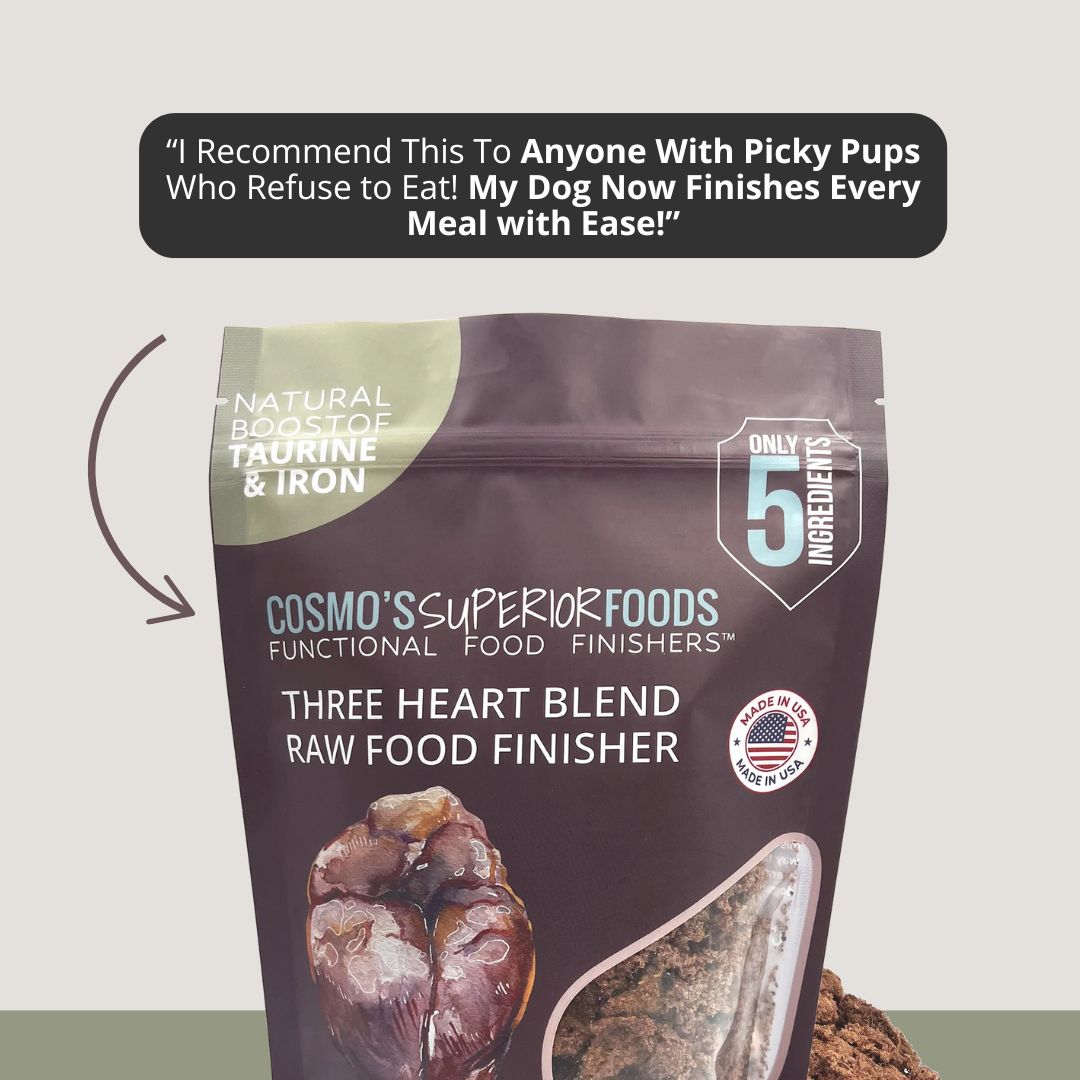 Dog food package with text claiming benefits for picky eaters and highlighting key ingredients.